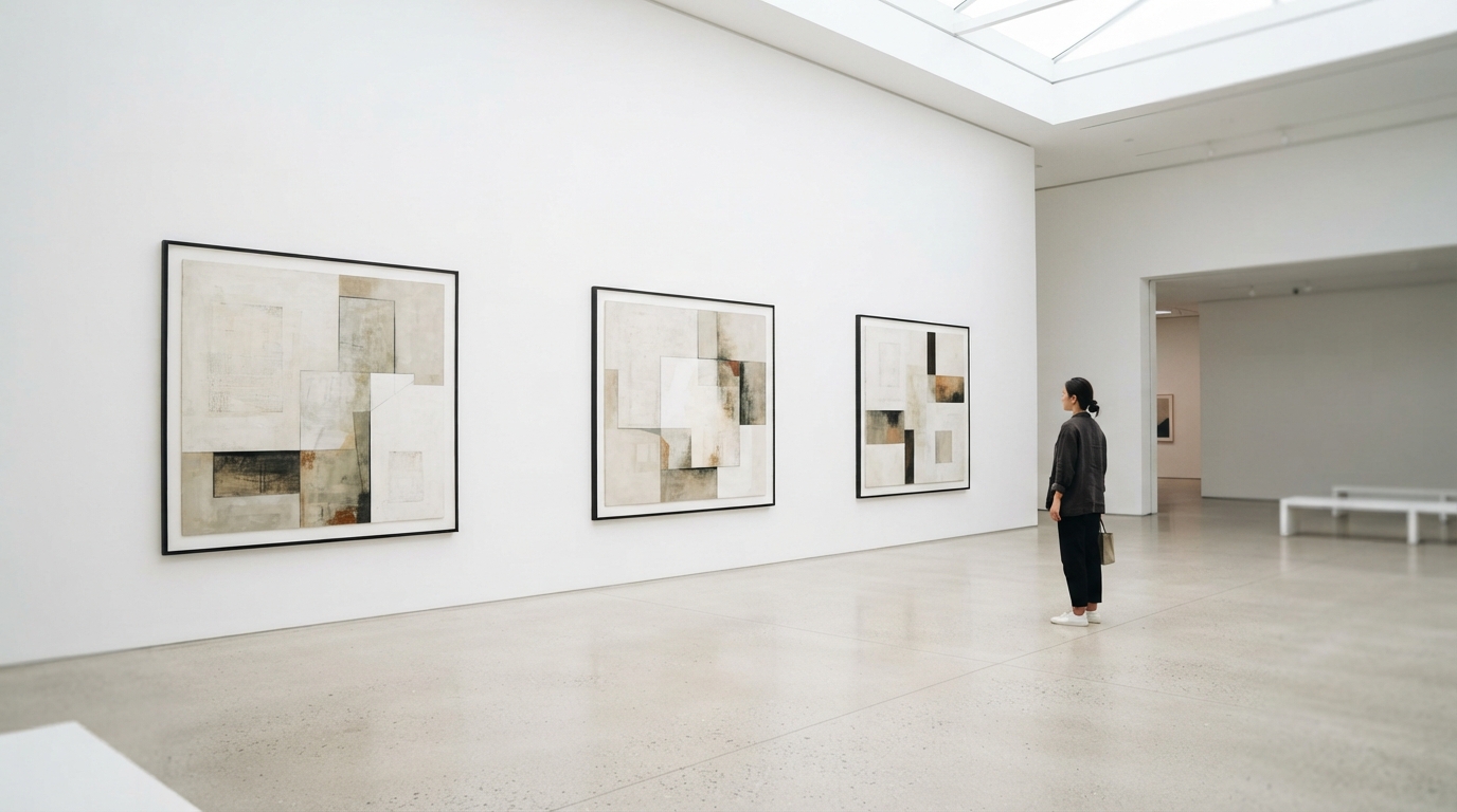 A white-cube gallery interior with framed artworks
