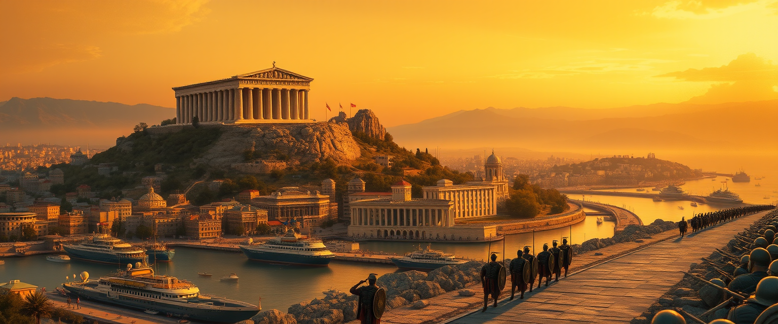 A classical Greek city-state at golden hour
