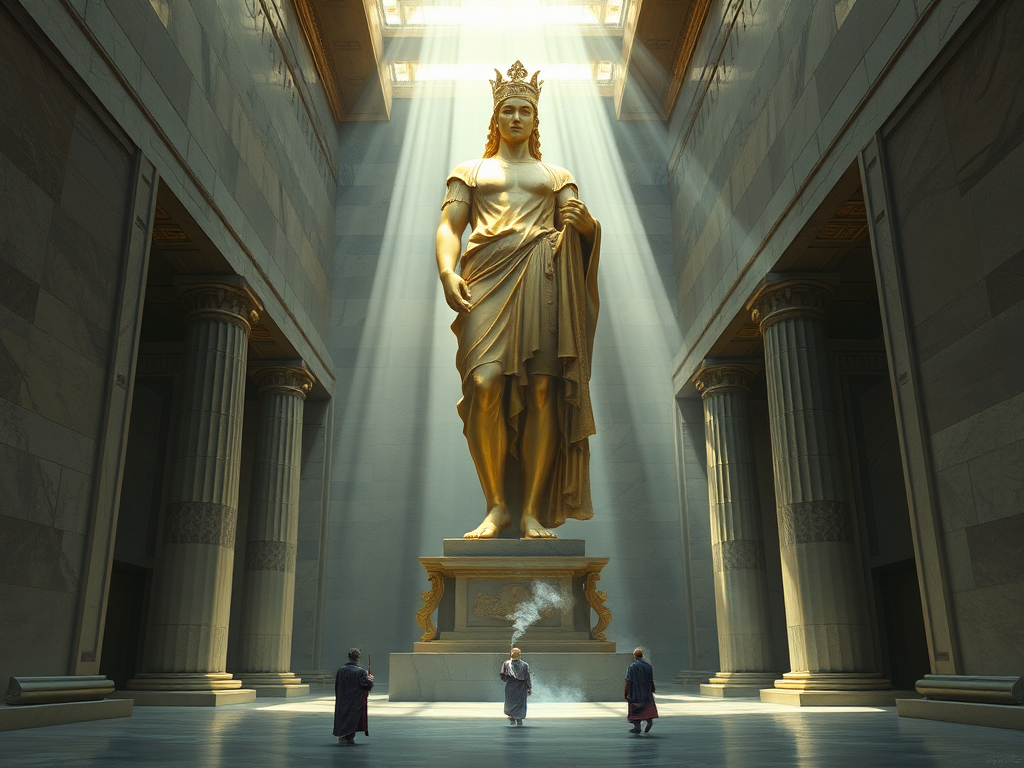 A colossal statue of Athena inside a marble temple